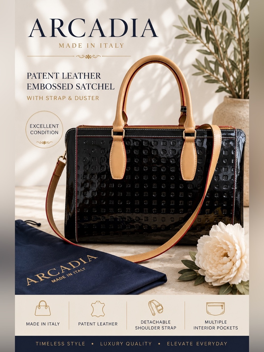 Arcadia Made in Italy Patent Leather Embossed Satchel Tote Bag w/ Strap & Duster